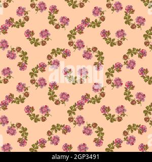 Hand drawn flowers roses branch, leaves seamless pattern abstract background wallpaper. Line art botanical illustration. Floral wall art vector illustration in trendy color pastel pink graphic design Stock Vector