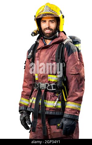 Fireman in fire fighting gear isolated on white background. Stock Photo
