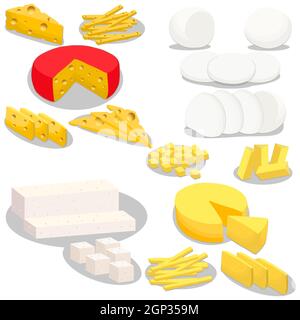 Illustration on theme big kit cheese dairy product, slices of different shapes Stock Vector