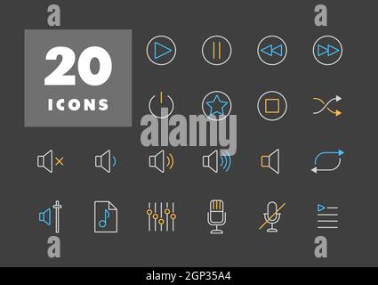 Multimedia user interface flat vector icons set on dark background Stock Vector