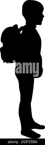 Silhouette schoolboy with backpack pupil stand carrying on back going to school concept come back to school idea education preschooler rucksack first september start lessons knapsack side view black color vector illustration flat style image Stock Vector