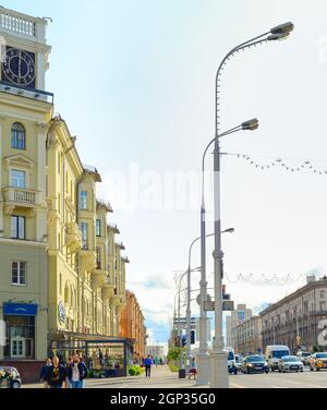 MINSK, BELARUS - JULY 17, 2019:People walking by central street - Independence avenue. Independence Avenue is the main street of Minsk, the capital of Stock Photo