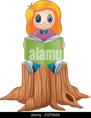 Little girl reading book over tree stump Stock Vector