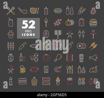 Barbecue and bbq grill icon set on dark background Stock Vector