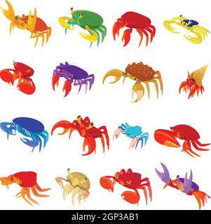 Crab icons set, cartoon style Stock Vector