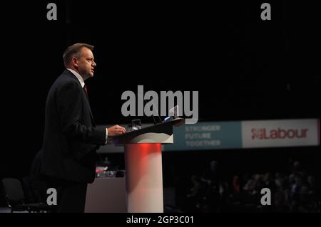 Brighton, England. 28th September, 2021.  Nick Thomas-Symonds MP, Shadow Home Secretary, delivers his speech during the Justice and Home Affairs debate, on the afternoon session on the fourth day of the Labour Party annual conference at the Brighton Centre.  Kevin Hayes/Alamy Live News Stock Photo