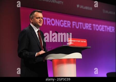 Brighton, England. 28th September, 2021.  Nick Thomas-Symonds MP, Shadow Home Secretary, delivers his speech during the Justice and Home Affairs debate, on the afternoon session on the fourth day of the Labour Party annual conference at the Brighton Centre.  Kevin Hayes/Alamy Live News Stock Photo