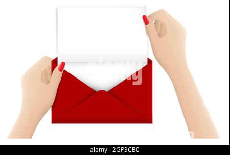 Realistic female hands holding red festive envelope with blank white sheet of paper inside. Greeting cards and letters for New Year, Christmas and Val Stock Vector