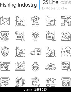 Fishing industry linear icons set Stock Vector