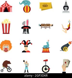 Circus entertainment icons set, flat style Stock Vector