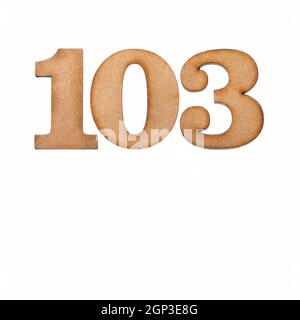 Number hundred three, 103 - Piece of wood isolated on white background Stock Photo