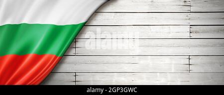 Bulgaria flag on old white wall. Horizontal panoramic banner. Stock Photo