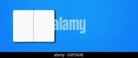 Cyan open lined notebook mockup isolated on blue background. Horizontal banner Stock Photo