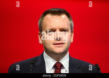 Brighton, UK. 28 September 2021. Nick Thomas-Symonds, shadow Home Secretary, speaks during the 2021 Labour Party Conference in Brighton. Picture date: Tuesday September 28, 2021. Photo credit should read: Matt Crossick/Empics/Alamy Live News Stock Photo