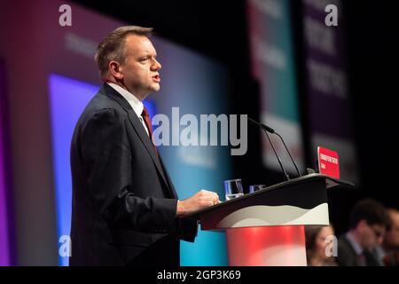 Brighton, UK. 28 September 2021. Nick Thomas-Symonds, shadow Home Secretary, speaks during the 2021 Labour Party Conference in Brighton. Picture date: Tuesday September 28, 2021. Photo credit should read: Matt Crossick/Empics/Alamy Live News Stock Photo