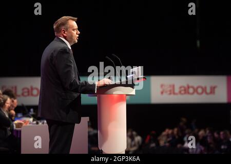 Brighton, UK. 28 September 2021. Nick Thomas-Symonds, shadow Home Secretary, speaks during the 2021 Labour Party Conference in Brighton. Picture date: Tuesday September 28, 2021. Photo credit should read: Matt Crossick/Empics/Alamy Live News Stock Photo