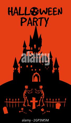 Halloween holiday Night Party greeting card dark castle deads party cemetery. Template banner Stock Vector