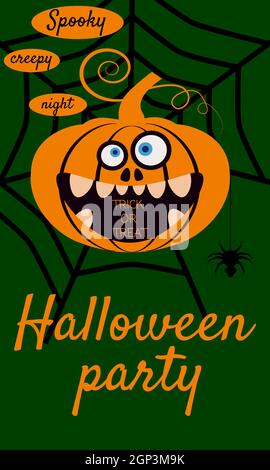 Halloween holiday greeting card merry pumpkin in spider web. Template banner, flyer, poster Stock Vector