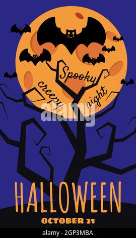 Halloween holiday greeting card bats moon tree. Template banner, flyer, poster Stock Vector