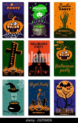 Set Halloween holiday greeting card merry pumpkin, spider, web, deads, witch, cemetery. Template banner, flyer, poster Stock Vector