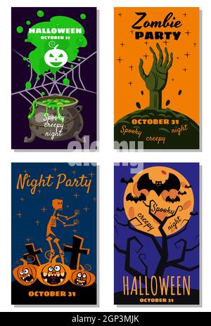 Set Halloween holiday greeting card merry pumpkin, spider web, deads, witch, cemetery, bats Stock Vector
