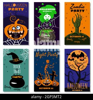 Set Halloween holiday greeting card merry pumpkin, spider web, deads, witch, cemetery Stock Vector