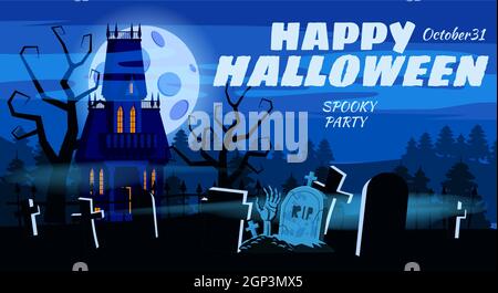 Happy Halloween Lonely scary abandoned mansion cemetery graves. Vector isolated cartoon style Stock Vector