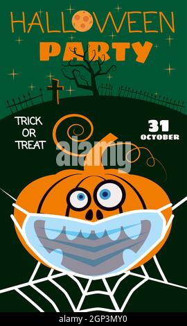 Halloween Pumpkin wearing medical face mask from coronavirus during quarantine, on spider web cemetery autumn holiday All Saints Day. Poster greeting Stock Vector