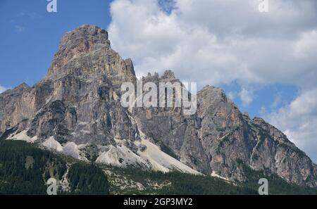 Placed above the town of Corvara in Badia, the Sassongher with its 2665 meters of height is a characteristic Dolomite peak Stock Photo