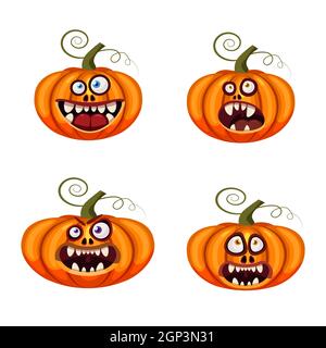 Set Pumpkins Halloween funny faces open mouths creepy and scary funny jaws teeths creatures expression monsters characters. Vector isolated cartoon Stock Vector