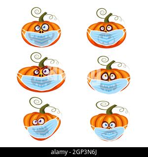 Set Halloween Pumpkin wearing medical face mask from coronavirus during quarantine, symbol autumn holiday All Saints Day. Vector illustration isolated Stock Vector