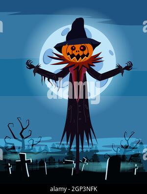 Scarecrow character Halloween at the cemetery with a Jack O Lantern head pumpkin in ripped coat. Isolated on white background cartoon style Stock Vector