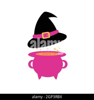Black witch hat and cauldron in purple and pink colors. Cartoon illustration on white background Stock Vector