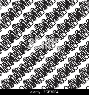 Abstract scalloped ribbon yarn effect seamless vector pattern background. Geometric black and white backdrop with diagonal scribbled doodle stripes Stock Vector