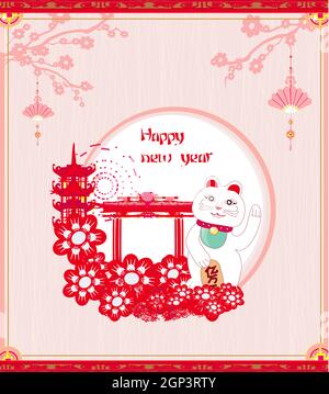 Mid-Autumn Festival for Chinese New Year- card with Maneki Neko Cat wishing Good Luck Stock Photo