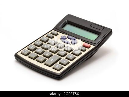 Old retro calculator on white background. Stock Photo
