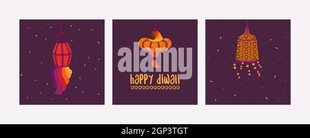 Set of Happy Diwali cards. Indian Festival of Lights. Hand painted holiday candles and lights. Asian decorative element. Vector flat illustrations. Stock Vector