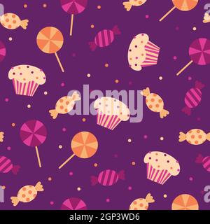 A vector illustration seamless pattern background of halloween trick or treat candies on purple Stock Vector