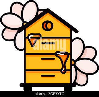 Hive. Yellow beehive doodle vector illustration. Home of the wasp, bee and insect with flowers. Honey production, beekeeping. Flat cartoon illustration isolated on white Stock Vector