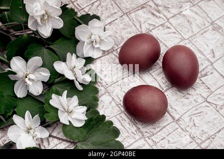 On the table next to the blooming daffodils are three red Easter eggs. Top view, close-up. Stock Photo