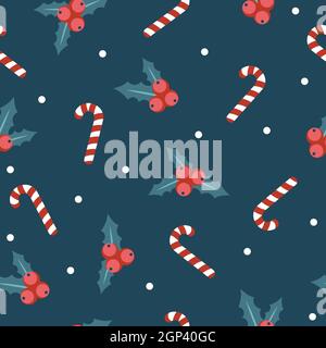 Seamless flat pattern design - Christmas candy and holly plant on a dark blue background. For holiday packaging or fabric Stock Vector