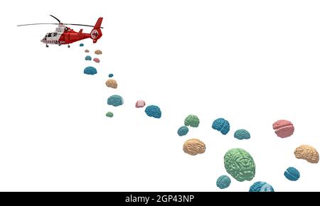 helicopter distributing brains, white background. 3d render. Stock Photo