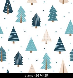 Vector blue christmas tree with snowflakes repeated on white background - seamless pattern Stock Vector