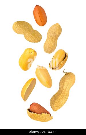 Isolated nuts. Nine mix peanuts with and witout shell in the air isolate on white with clipping path as package design element. Full depth of field. F Stock Photo