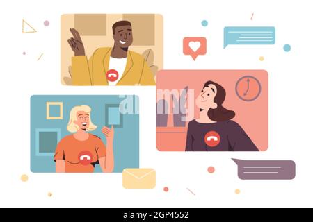 Video conferencing of remote employees or team collaboration. Virtual meeting of colleagues or friends. Online discussion or live stream in flat style. Work from home jobs, flexible lifestyle concept. Stock Vector