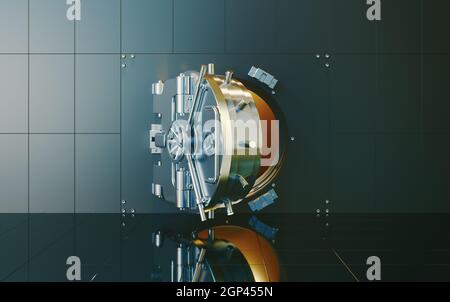 Open bank vault with golden walls. 3D Render Stock Photo