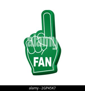 Fan foam finger. Hands up with glove with inscription fan green color Stock Vector