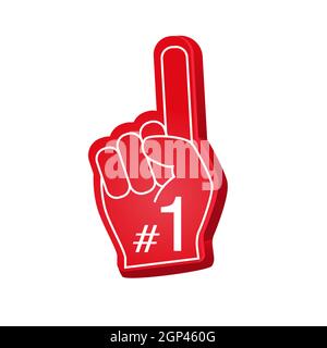 Fan foam finger. Hands up with glove with number one red color  Stock Vector