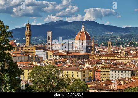 Panoramic view over the Dome of Cathedral of Santa Maria del Fiore from Giardino Bardini in summer. Florence, Italy Stock Photo
