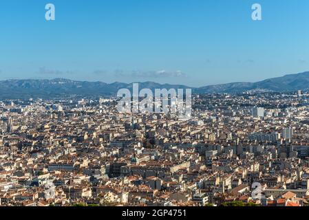 Aerial panoramic view of Marseille from basilica of Notre Dame de la Garde in Marseille, Provence, France. Stock Photo